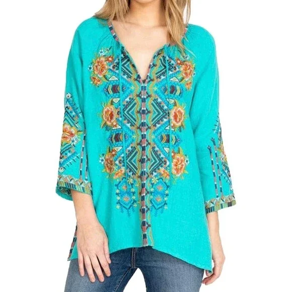 Johnny Was Linen Sentrie Peasant Blouse Floral Embroidered Blue 3/4 Sleeve XXL - Picture 1 of 16